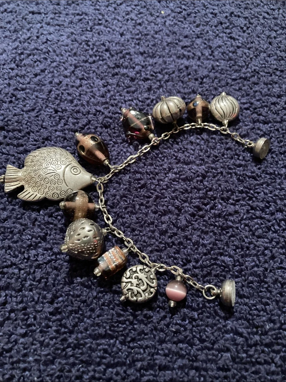 Silver-Tone Fish Charm Bracelet with Pink and Brown Beads